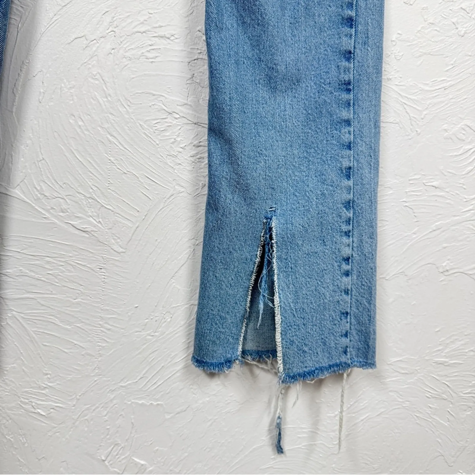 Zara Blue High Rise Straight Leg Jeans Womens 6 Slit at Ankle Button Fly Light - Image 2