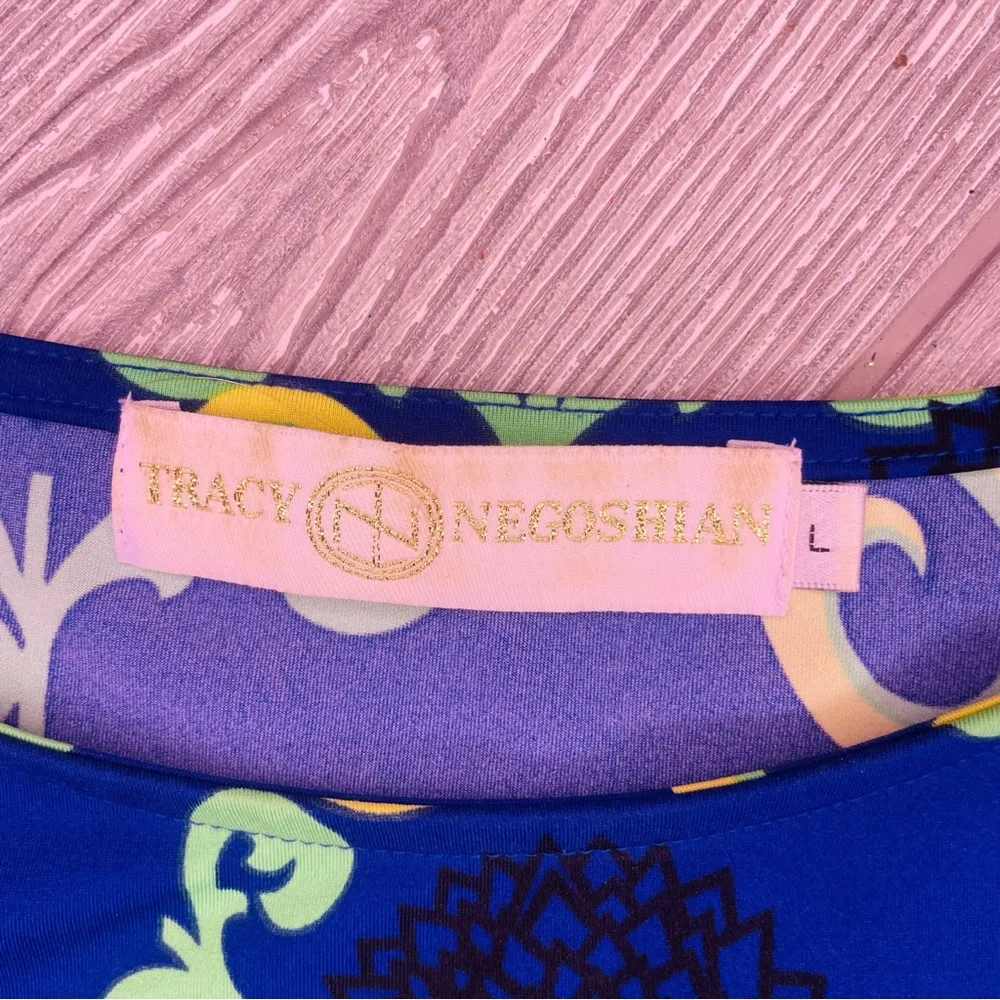 Vintage Tracy negoshian crop sleeve midi dress floral across blue and yellow LG - Image 4