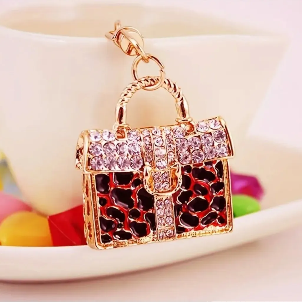 Bag Charm Gold red/black Leopard Print Purse Keychain - Image 2