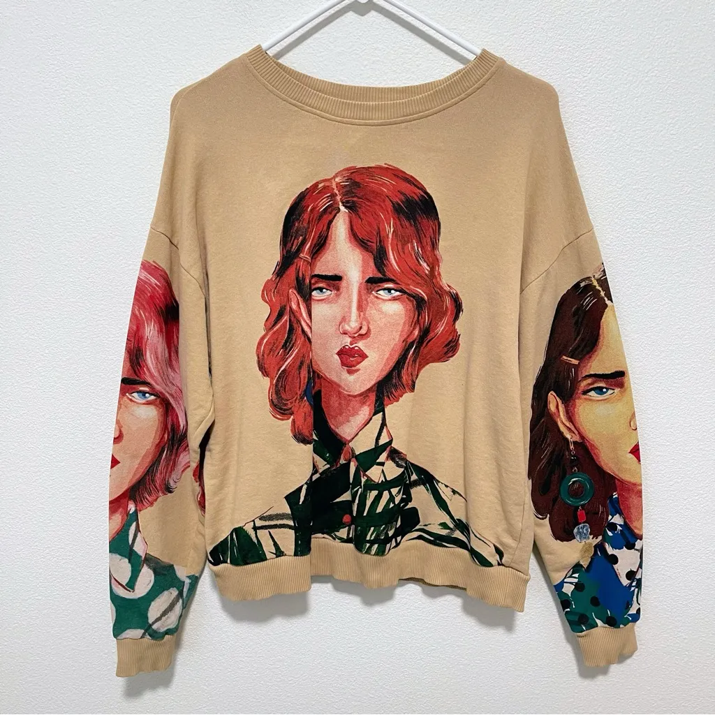 ZARA Printed Face Graphic Crew Sweatshirt M - Image 2