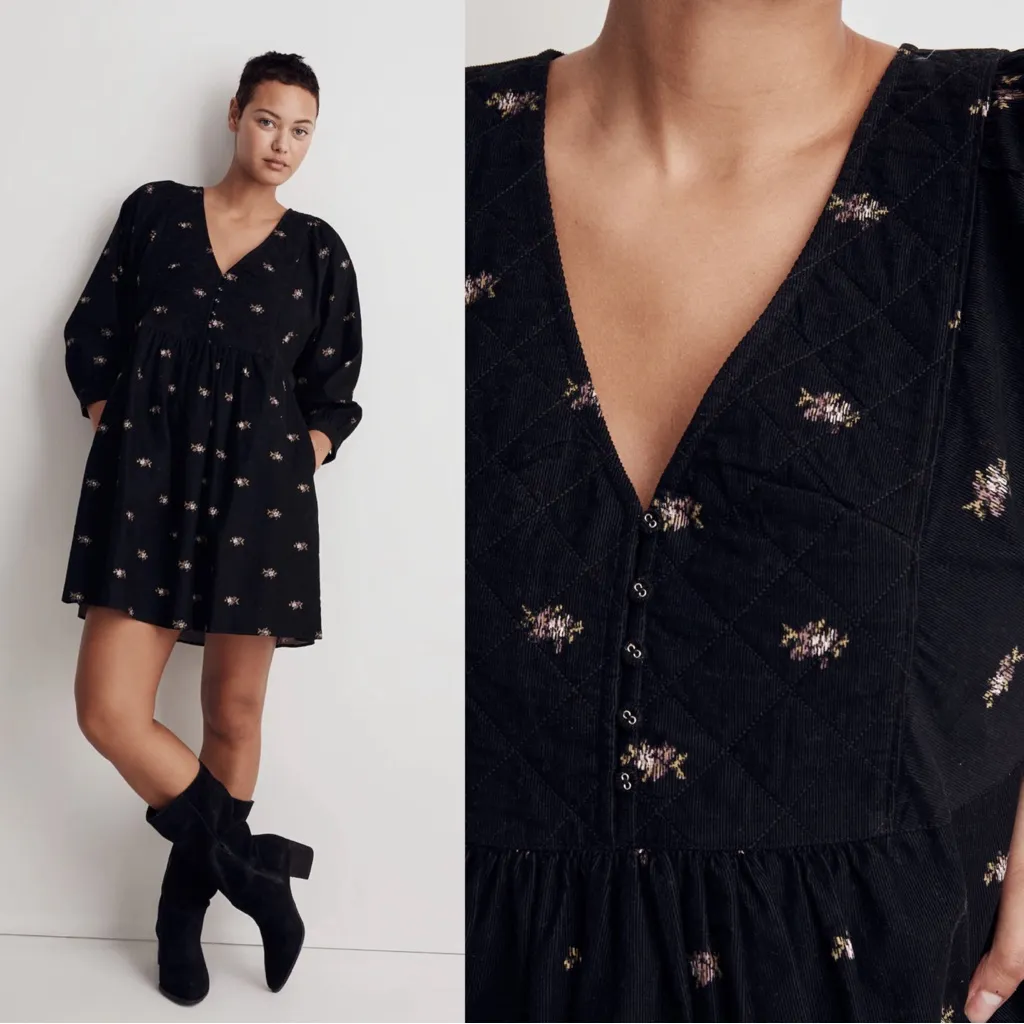 Madewell • Corduroy Quilted-Bib Mini Dress in Blurred Ikat babydoll black floral - Image 2