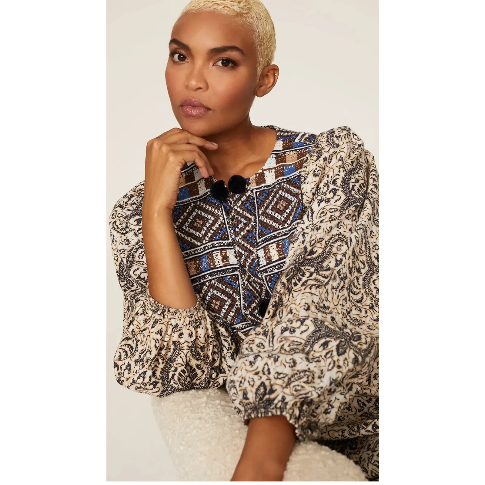 FIGUE Boho Baltic Embroidered Pom Pom Lucie Mini Puff Sleeves Dress Size XS Brown - Image 5