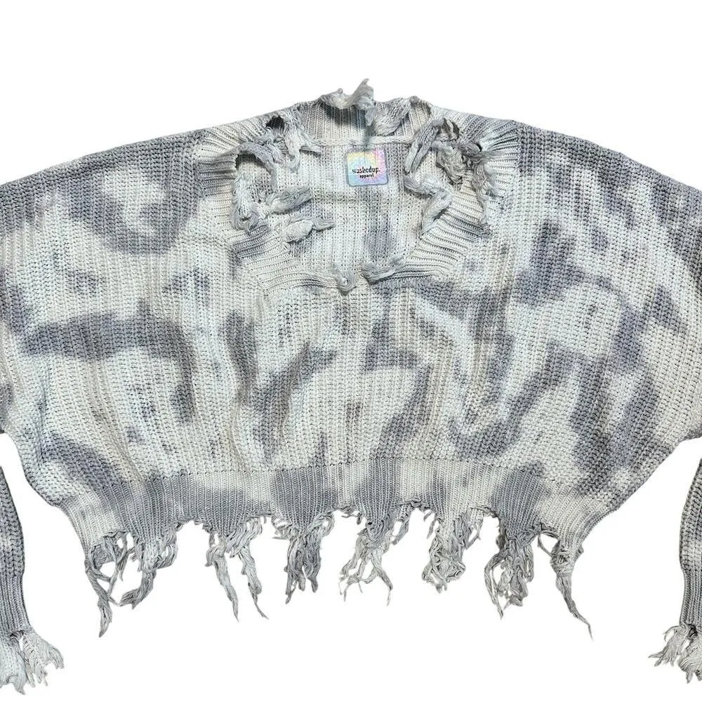Frayed Cropped Knit Sweater Gray and White Distressed Washedup Apparel Small - Image 2
