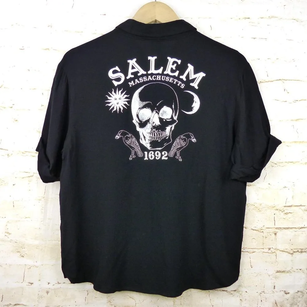 Hot Topic Skull Salem Oversized Button Shirt Womens S Black Goth Witch Moon - Image 9