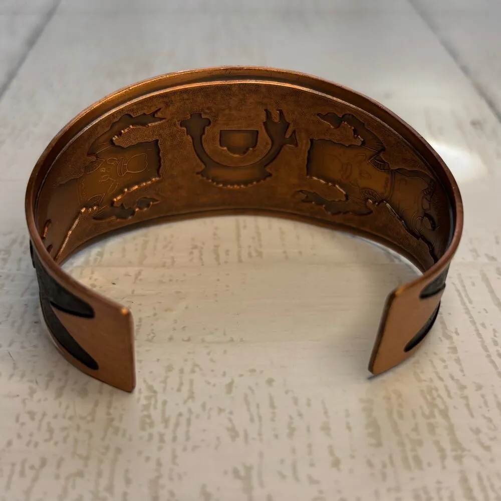 Copper Cuff Bracelet with Etched Buffalo Dancer and Rainbow Yei Design Brown - Image 3