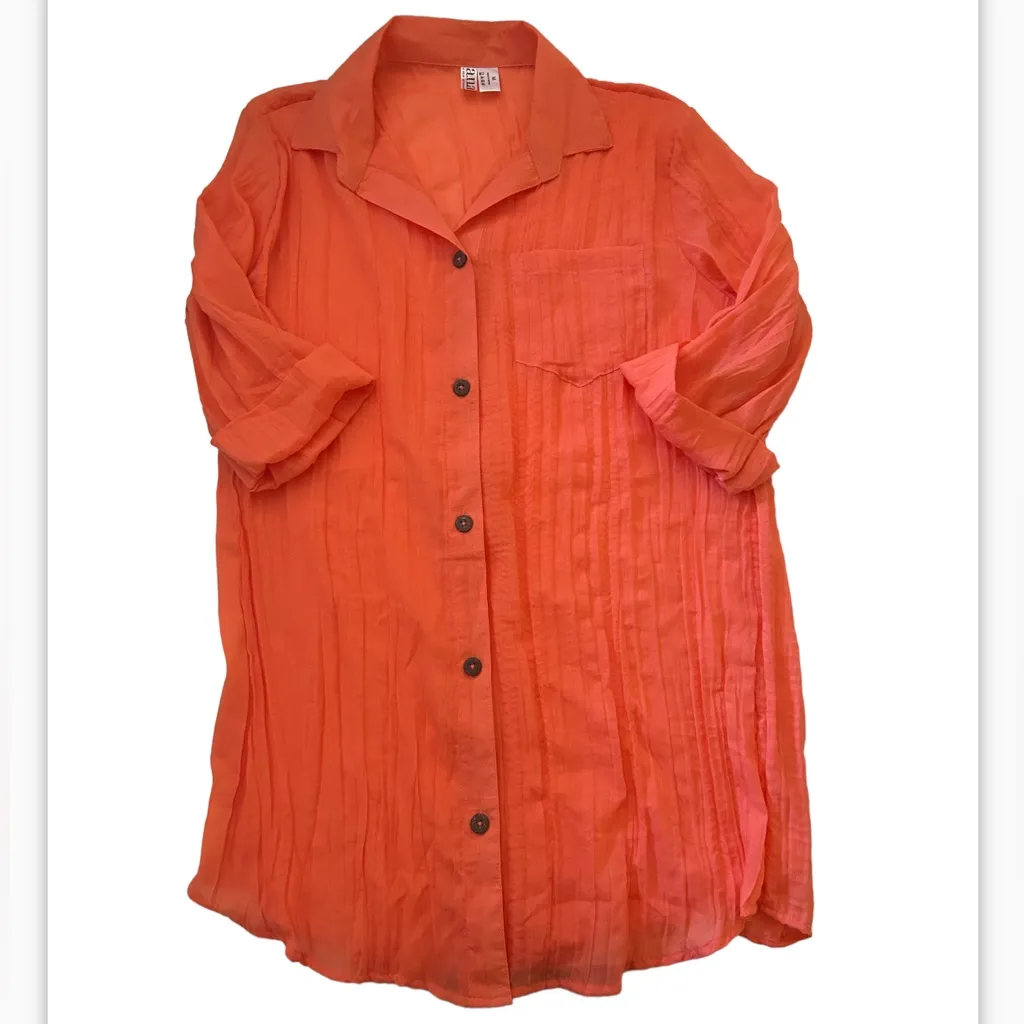 Coral Sheer Button Down Swim CoverUp Shirt Dress - Image 3