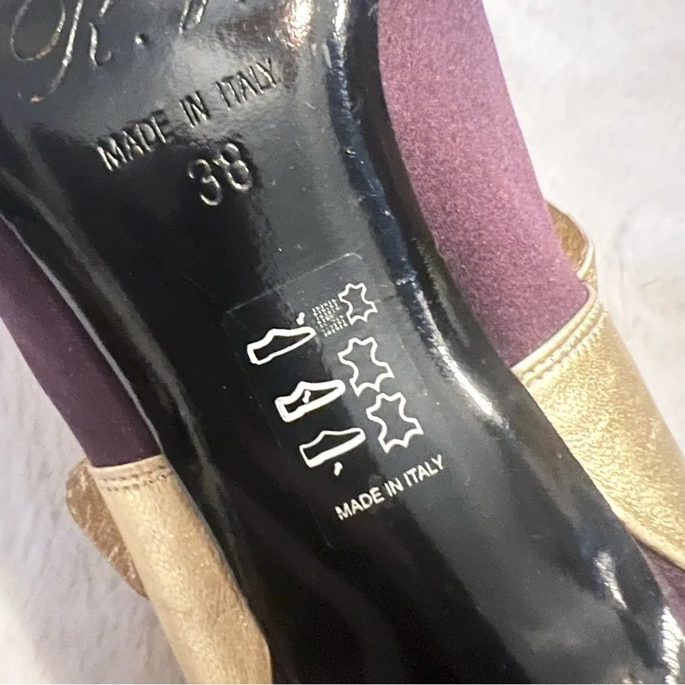ROGER VIVIER Paris Plum Satin & Gold Leather Pumps Size 38 Purple Gold Heels - Image 14