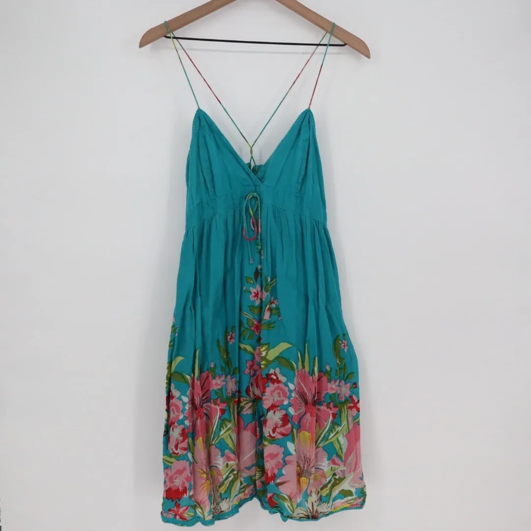 Energie Turquoise Floral Sundress Spaghetti Strap Smocked Back Knee Length XL - Image 2
