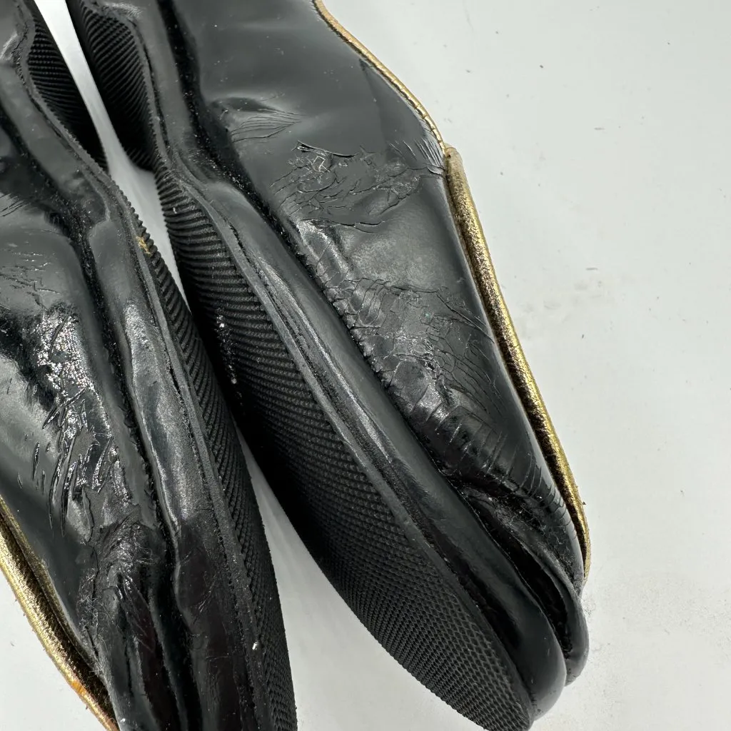 Belgian Shoes Midinette Loafers Black Patent Leather Gold Trim Bow M 5 (4287) - Image 4