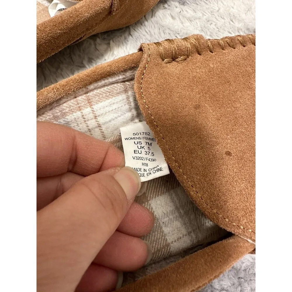 Lands' End Suede Leather Moccasin Slippers Plaid liner Tan Women’s 7 - Image 8