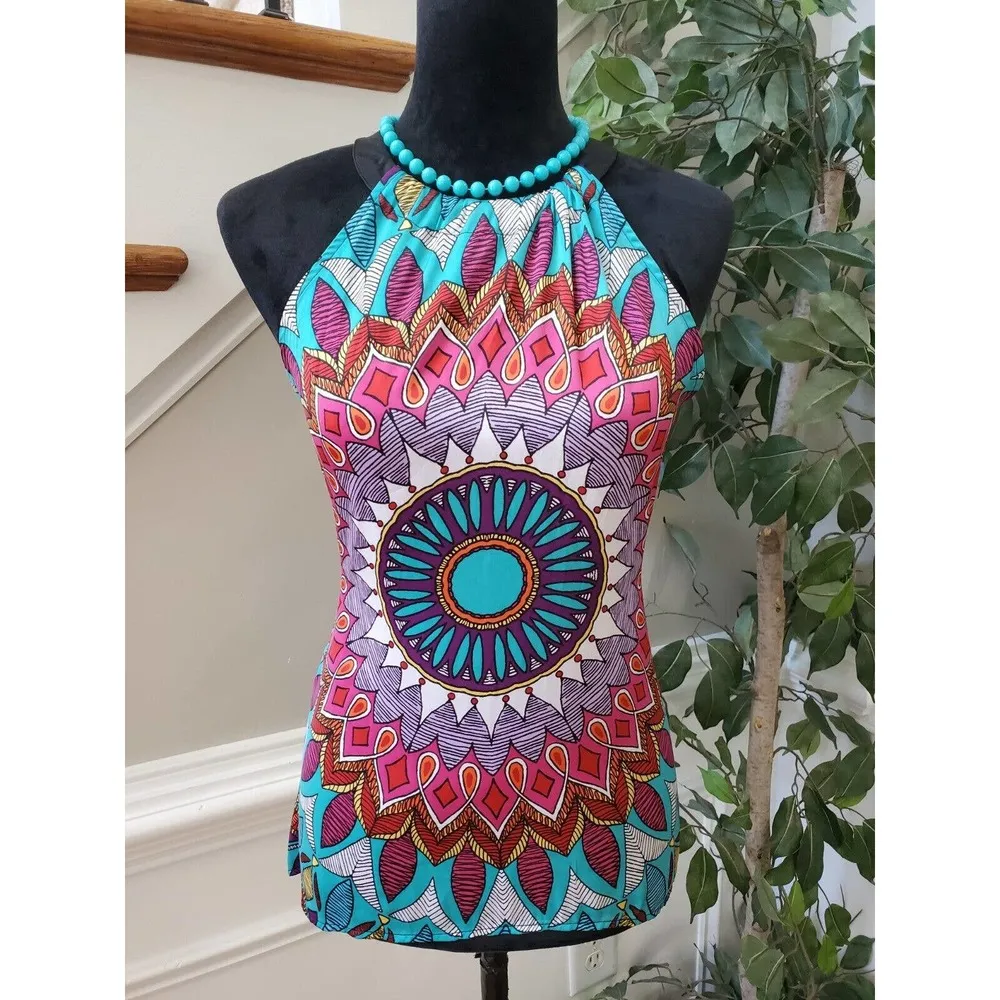 Nicole Miller Women's Multi Floral Polyester Halter Neck Sleeveless Top Blouse S - Image 9