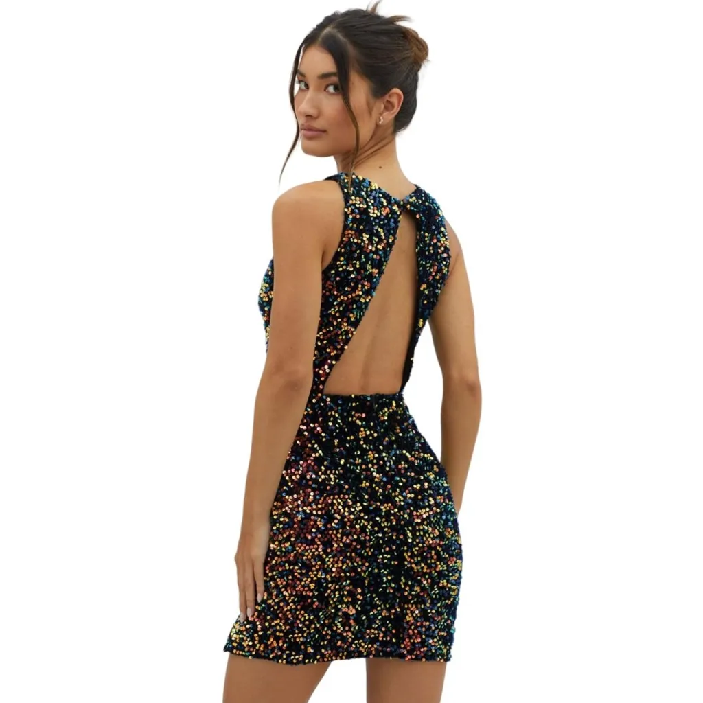 NWOT Women’s Sequin Sparkly Backless Mini Dress Split Hem Cocktail Small Purple - Image 4