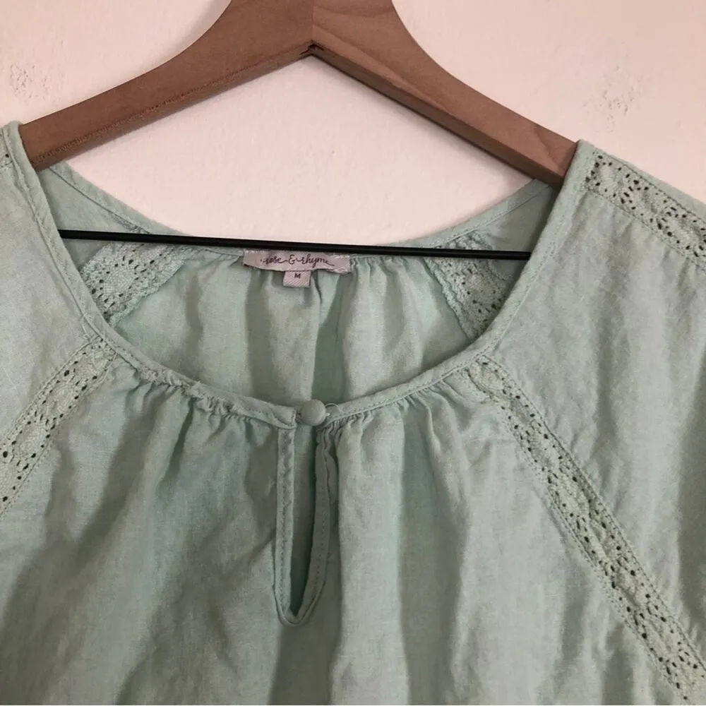 Rose and Rhyme Linen Blend Lace 3/4 Sleeves Mint Seafoam Green Tunic Blouse Top Size M - Image 3