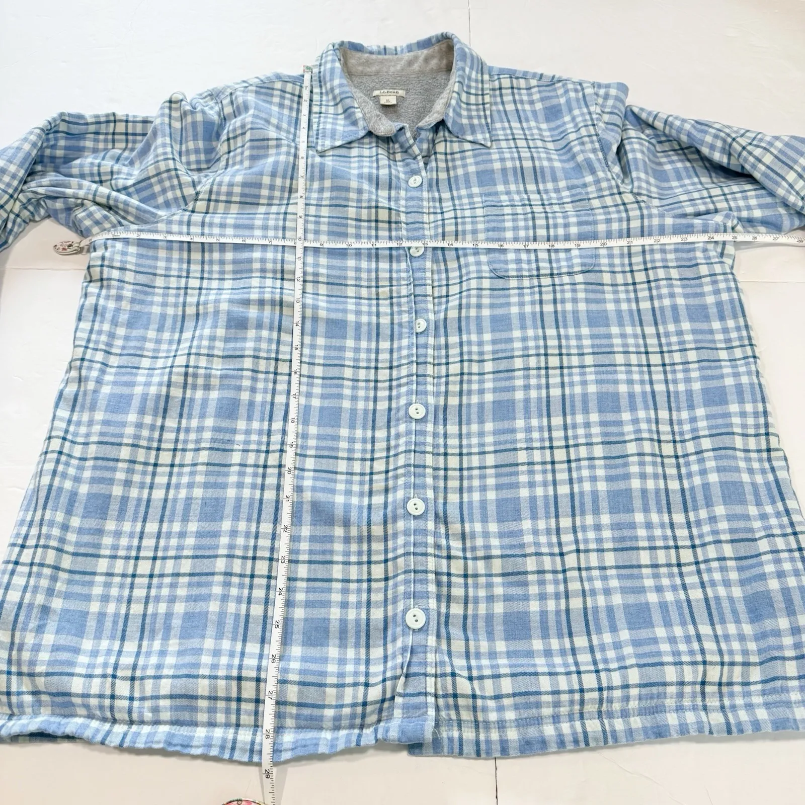 LL Bean Blue Plaid Sherpa Fleece Lined Flannel Shirt Jacket Shacket Size XL Blue - Image 8