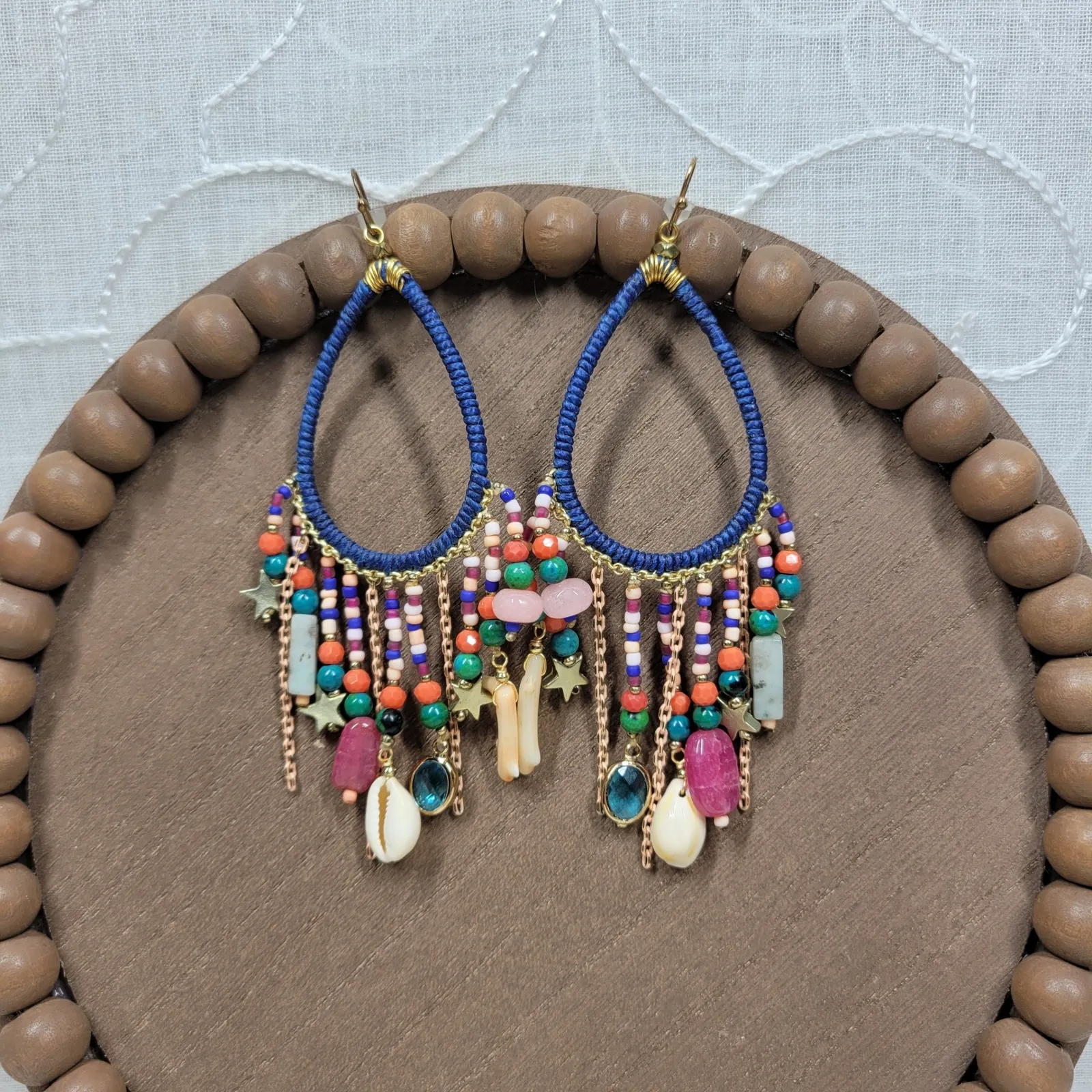 Boho Coral Shell Dangle Earrings Women Coastal Eclectic Beaded Multi Color Blue - Image 7