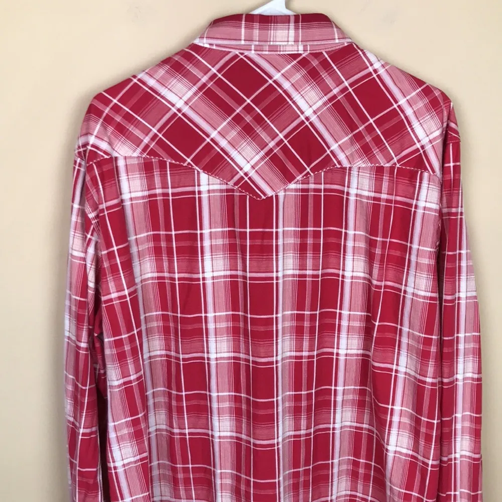 Retro Women’s Plaid Red White Pearl Snap Button-Up Long Sleeve Shirt - Image 8