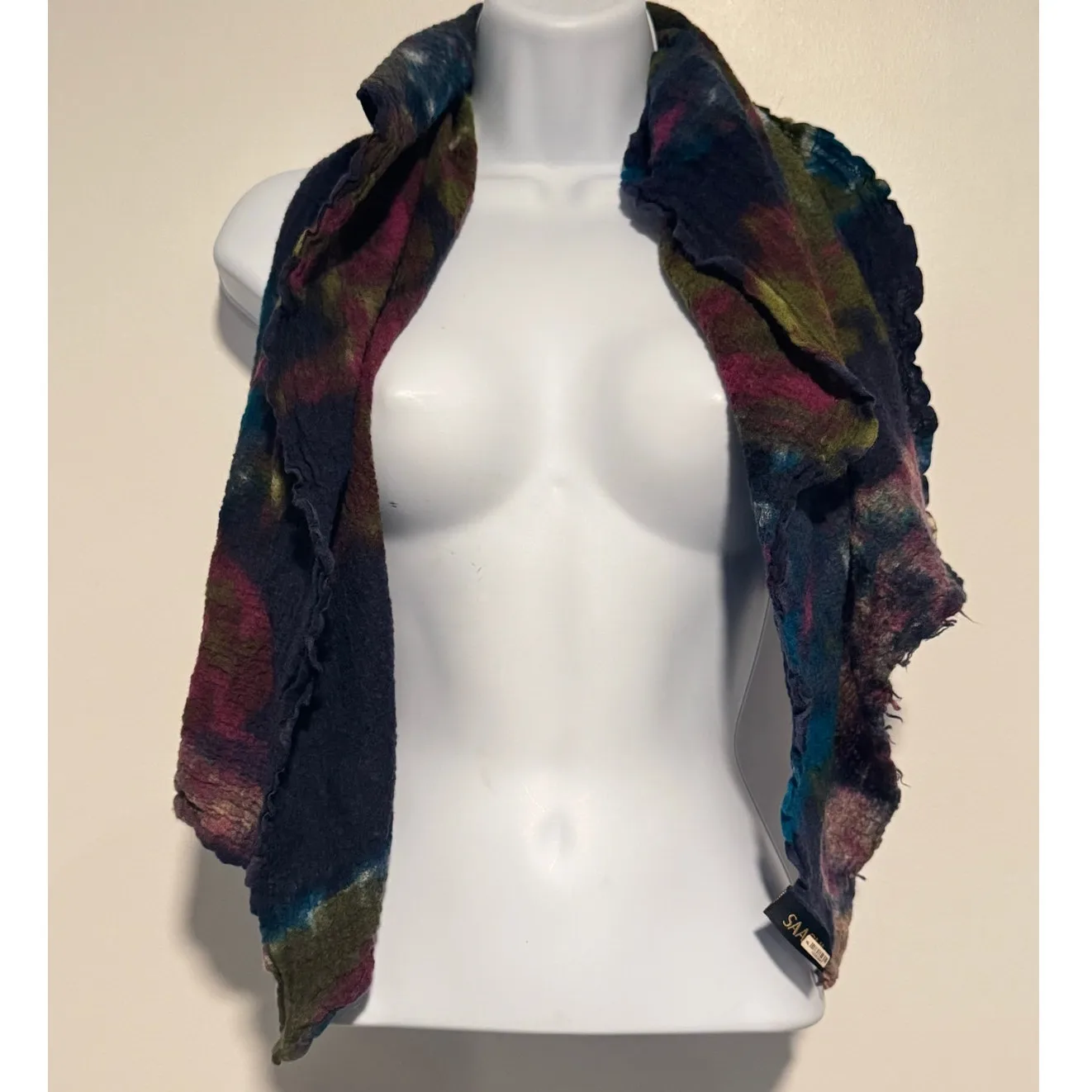 Saachi Hand Dyed Silk Wool Scarf Boho Textured Artsy Unique Colorful Blue - Image 2
