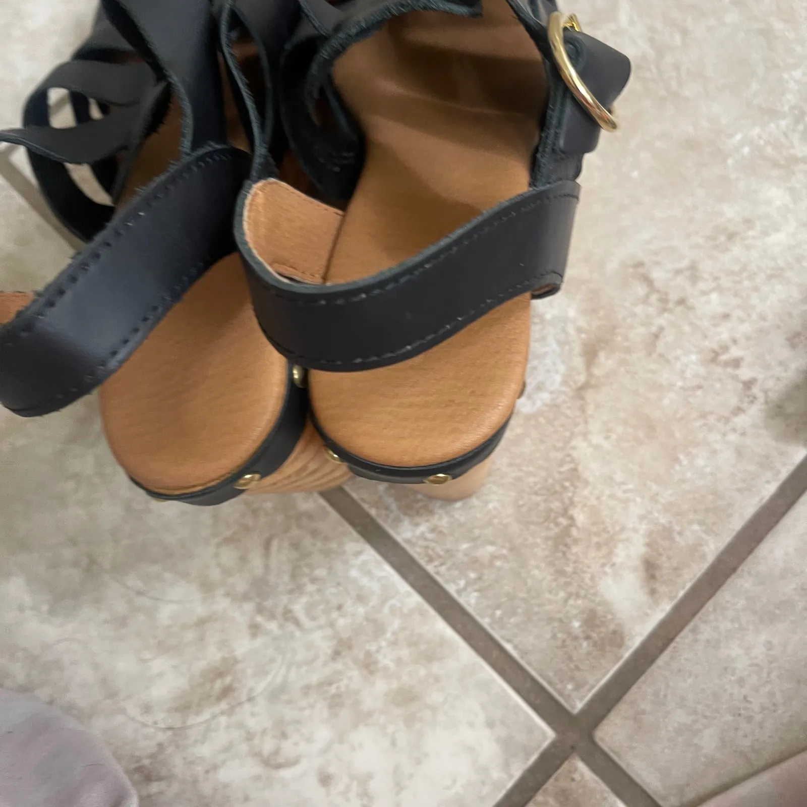 Anthropology Black Leather Clog Platform Sandals Wood Heel Sz 7 Strappy woens - Image 4