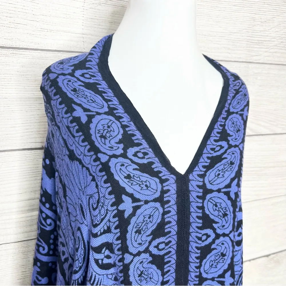 Boho Blue & Black Paisley Fringe Trim Pullover Kimono Festival Poncho Scarf - Image 5
