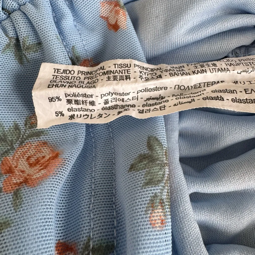 ZARA Baby Blue Pink Floral Mesh Rusched V Neck Elbow Sleeve Top Size Small - Image 7