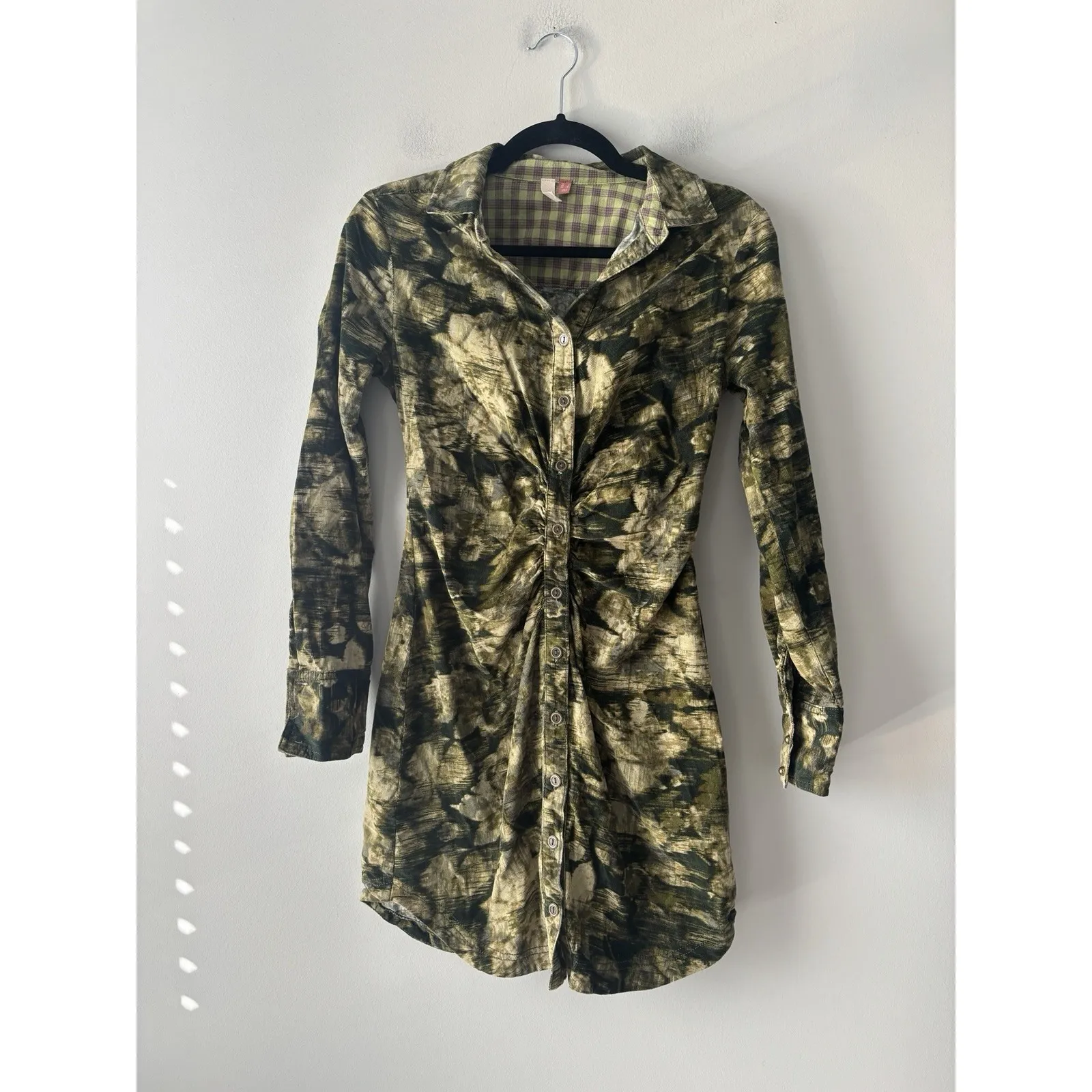 Anthropologie Pilcro Ruched Corduroy Green Printed Mini Shirt Dress Size 0 - Image 3