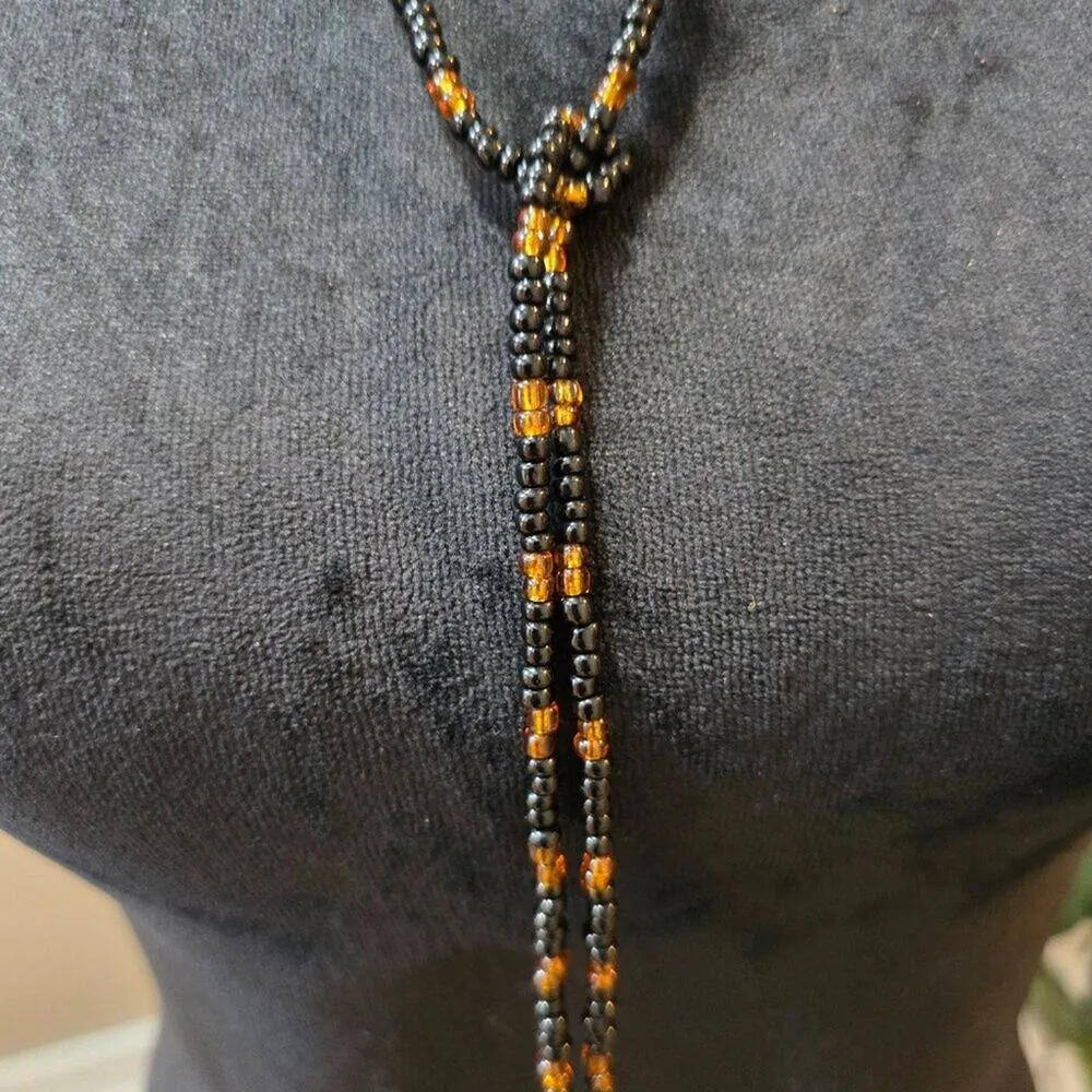 Womens Black Glass Seed & Baltic Amber Beads Adjustable Hallie Lariat Necklace Yellow - Image 4