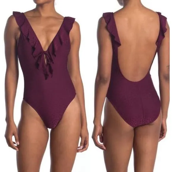ROBIN PICCONE Julianna Swimsuit Size 4 NEW One Piece Ruffle Dot NWOT Eggplant - Image 2