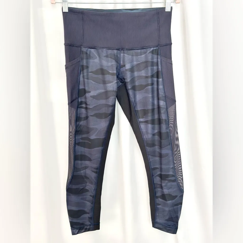Lululemon Black and Dark Blue Camo Mesh Panel Cropped Leggings (986) - Image 2