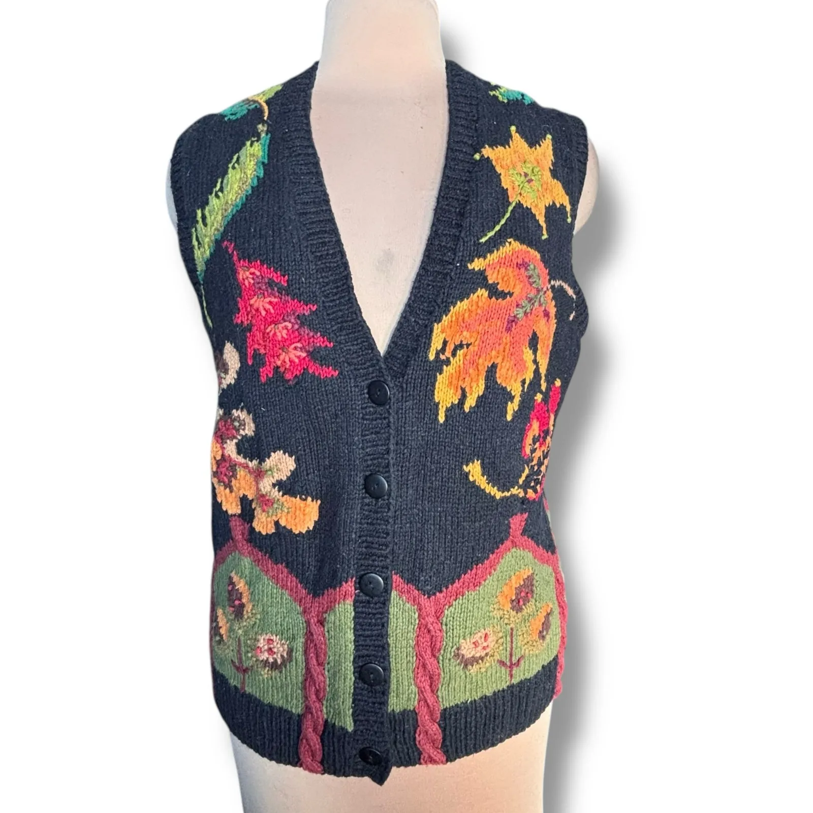 Vintage Marisa Christina Hand Knit Black Leaf Sweater Vest Black Autumn Cozy Size M - Image 11