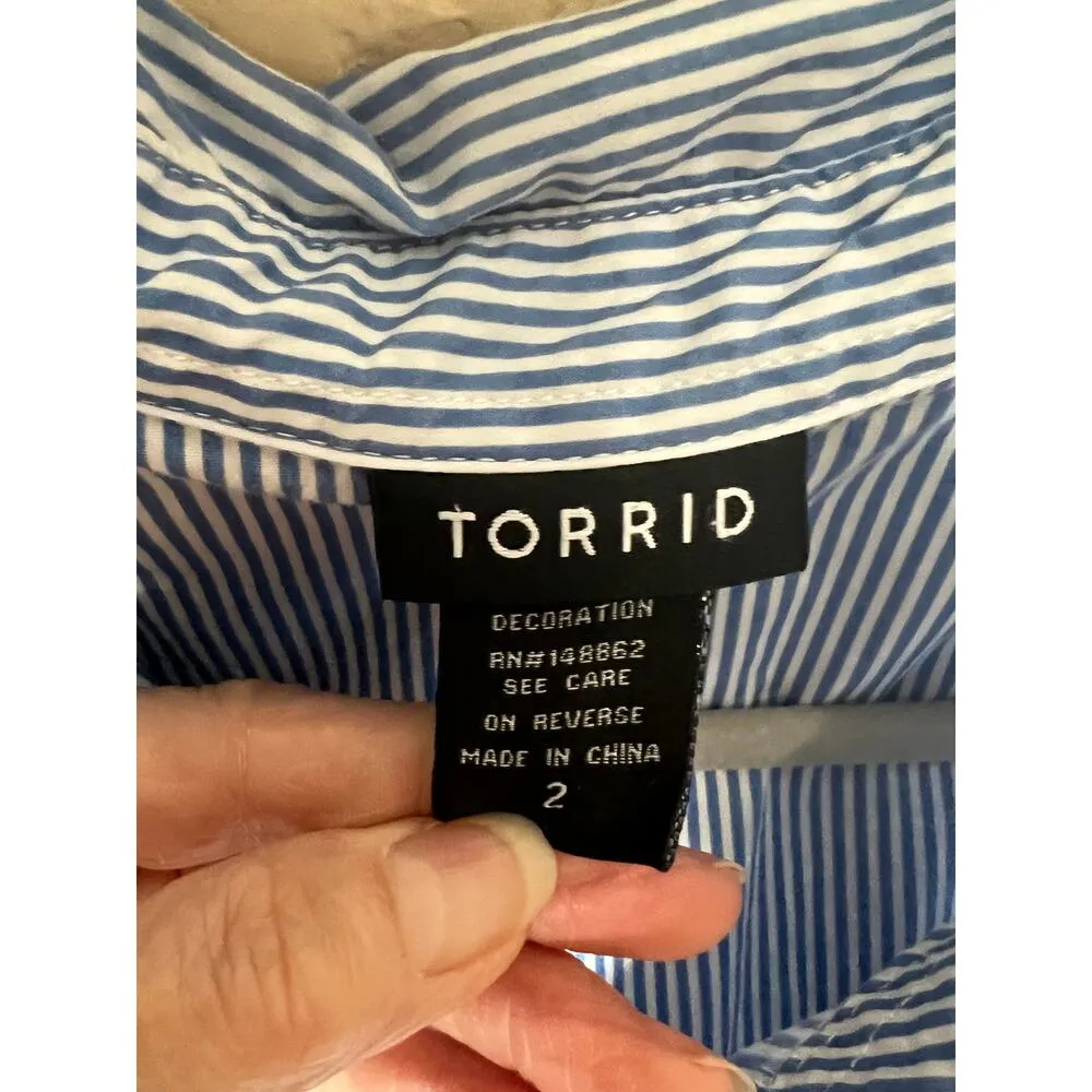 Torrid size 2X shirt button-up blue/white stripe long sleeve girlboss, vacay - Image 7
