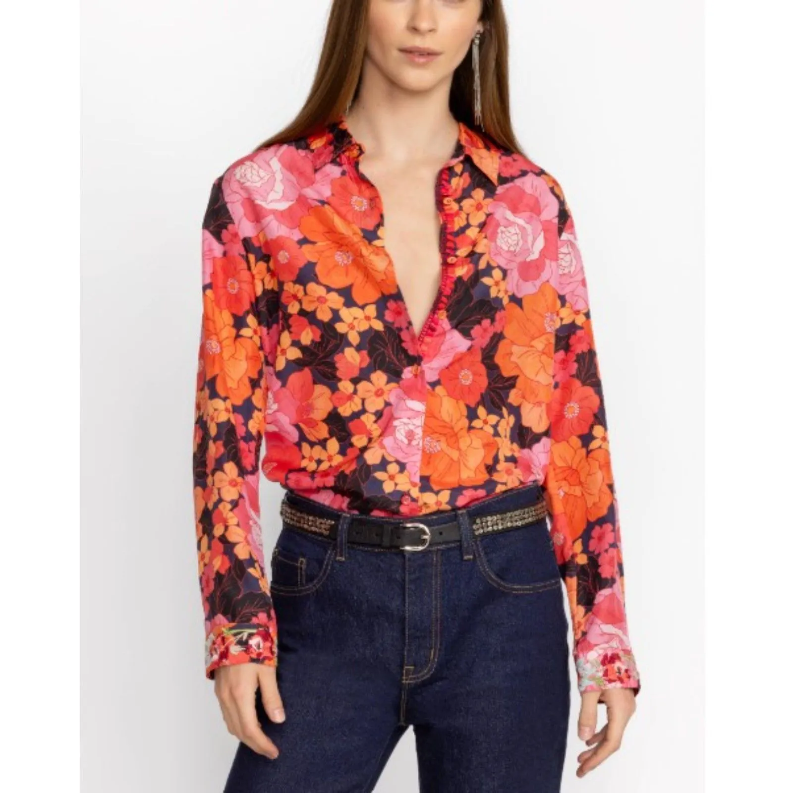 Johnny Was Workshop Silk Floral Embroidered Becca Button-Up Blouse XL - Image 2