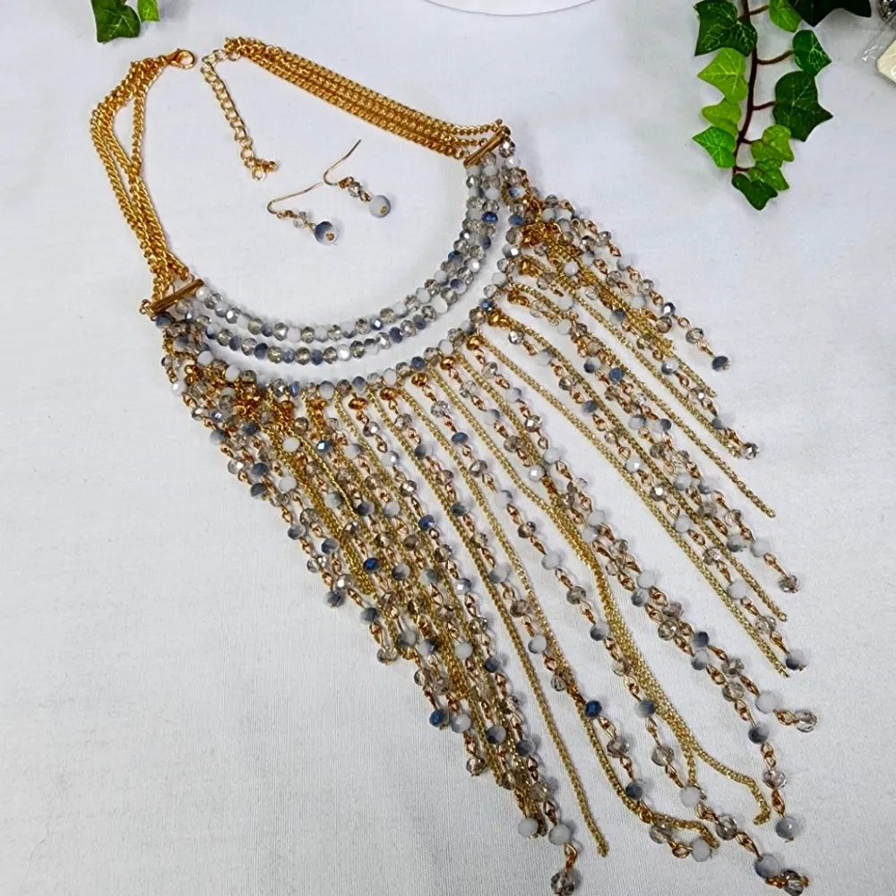 Statement Choker Necklace Earrings Set Cascading Crystal and Chain Waterfall Blue - Image 2