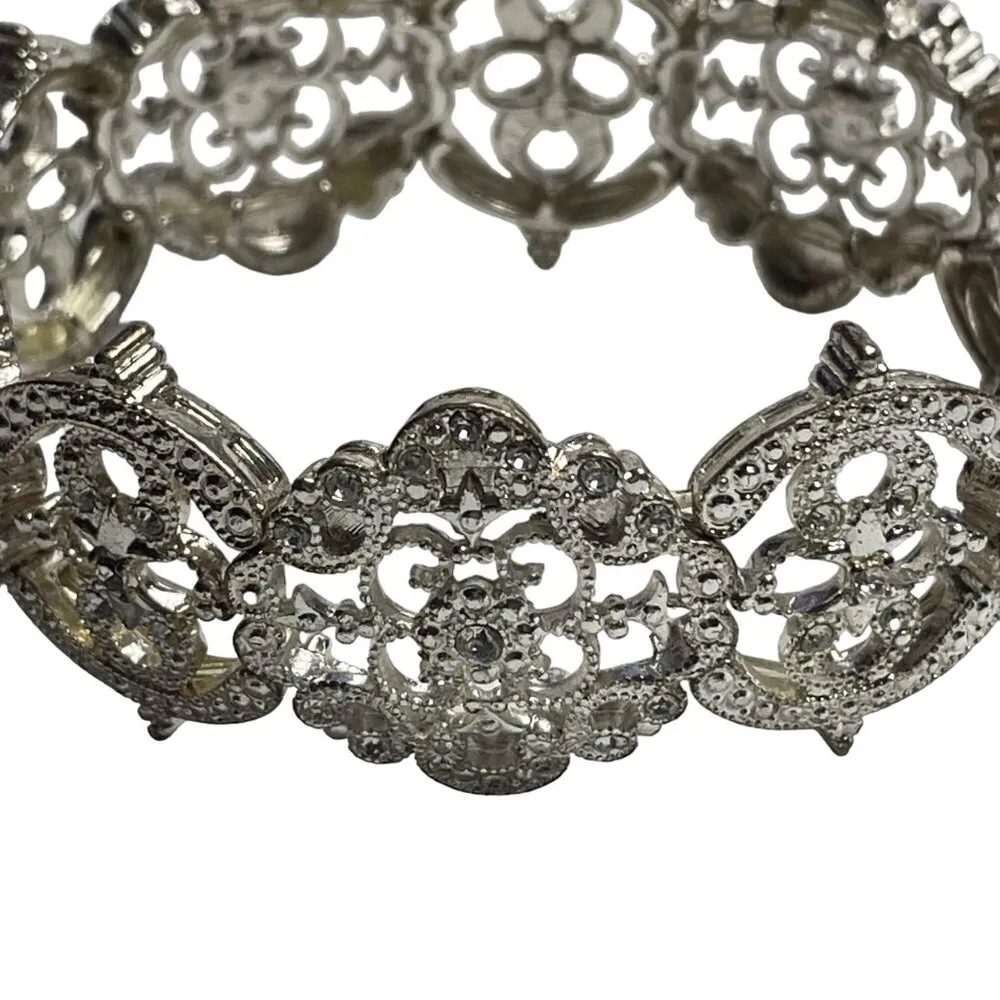 Vintage Bracelet Silver Tone Filigree Stretch Floral Design Elegant Jewelry Gift - Image 2