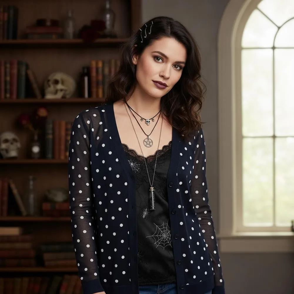 CHICO'S women polka dot mesh whimsy goth cardigan v-neck Sz XS stretching - Image 10