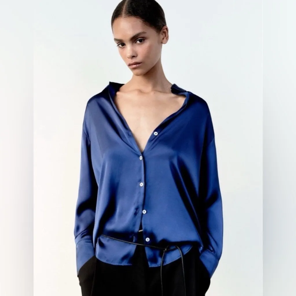 Zara Satin Effect V Neck Button Down Shirt Navy Blue sz Small - Image 5