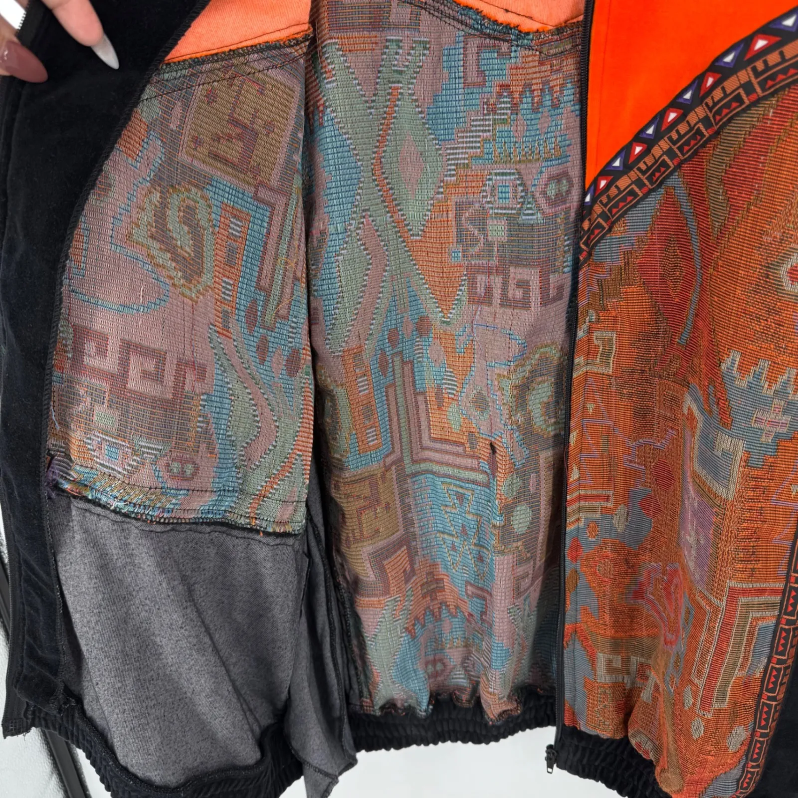 VTG Oleg Cassini Womens Jacket L Orange Black Velour Tapestry 80s Artsy Full Zip Size L - Image 5