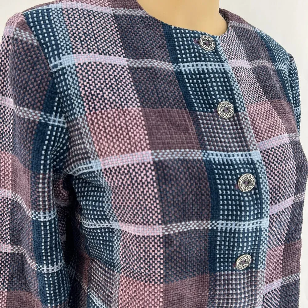 VINTAGE Alfred Dunner Blazer US 10 Womens Petite Purple Tweed Plaid Button Up Size 10P - Image 3