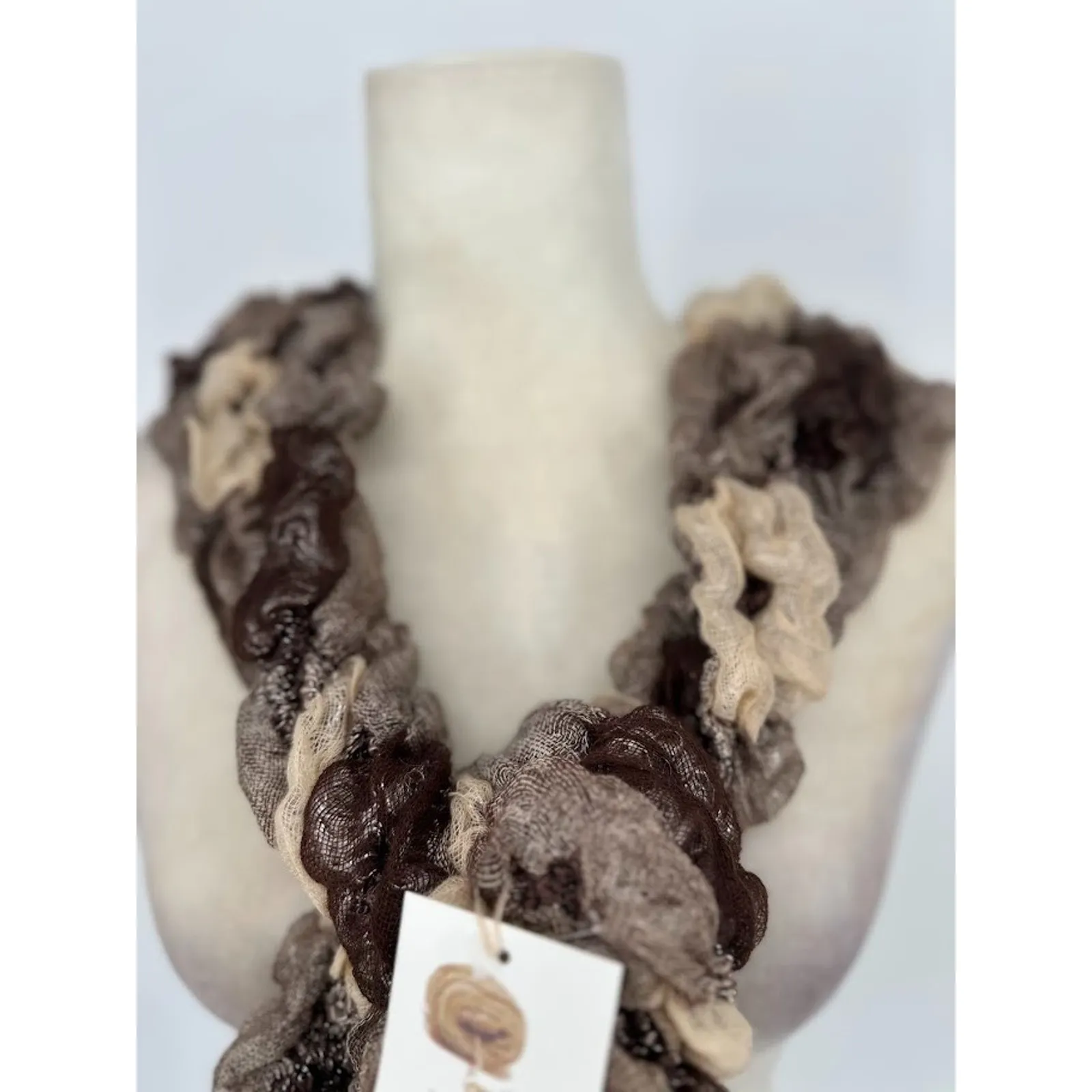 KB Knit Bonbons Womens Ruffle Long Scarf Knit Cowl Fringe 60" Neutral Minimalist Brown - Image 2