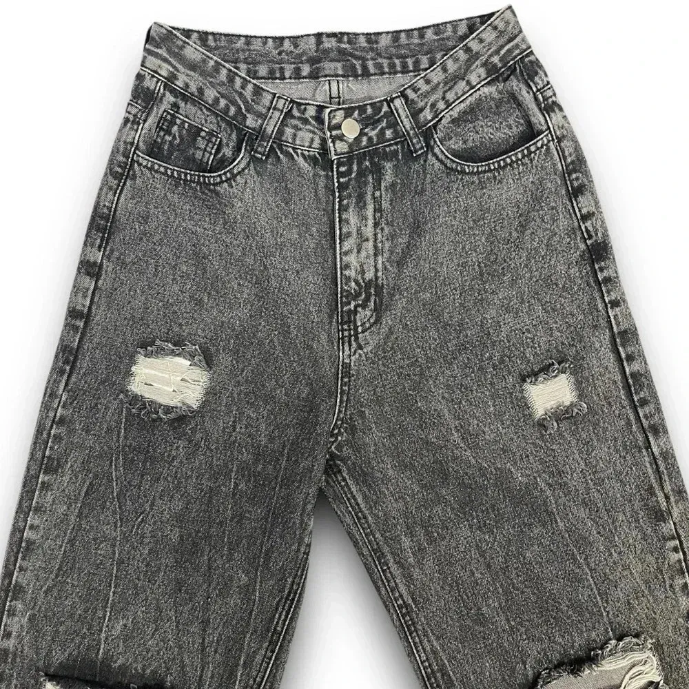 Women’s Wide Leg High Waisted  Jeana Distressed Dark Grey Acid Wash Jeans Sz Med - Image 3