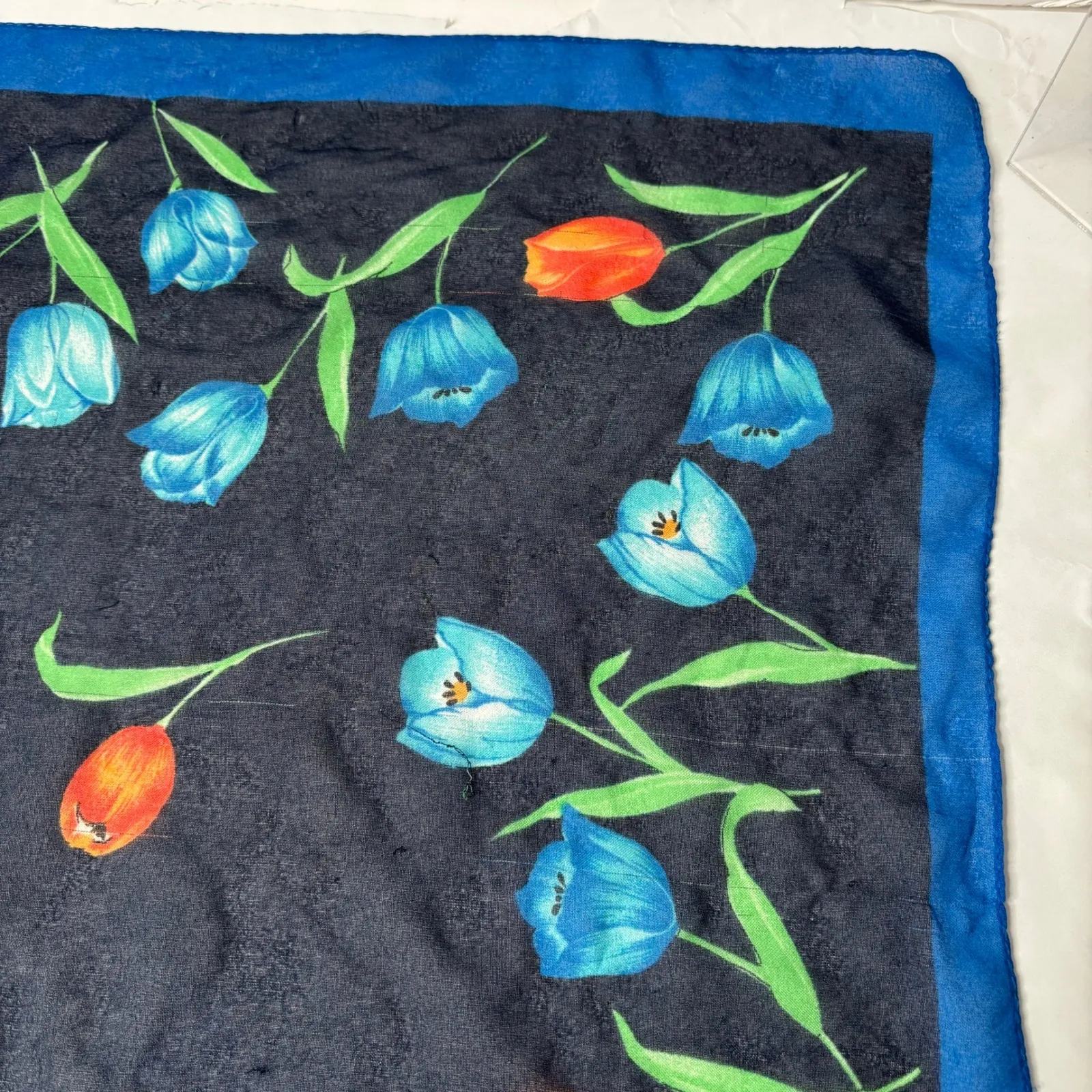 Vintage Holland Tulip Floral Square Scarf Blue Black Flowers VTG Gift Dutch - Image 4