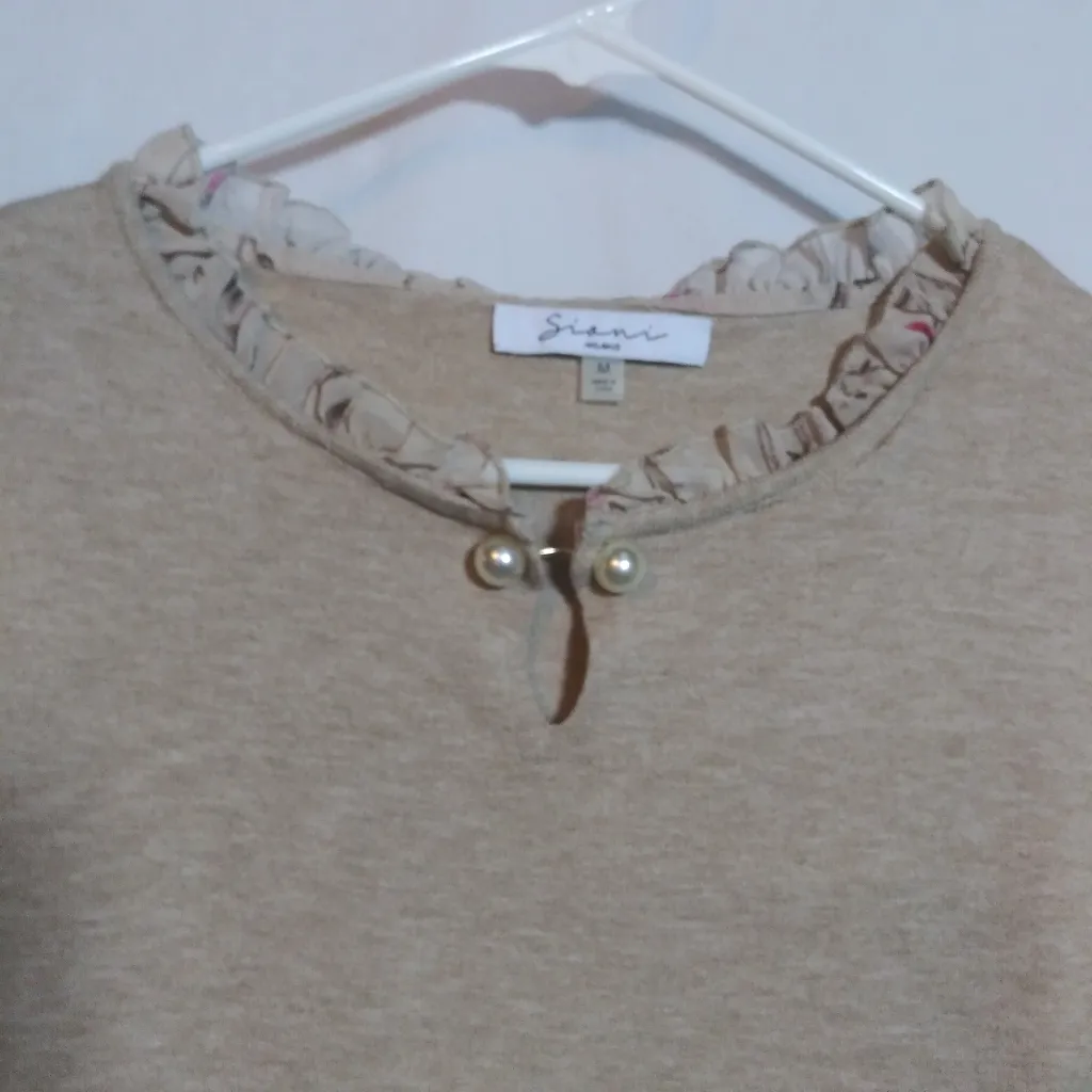 Siani Milano Sweater WomensBeige Floral Sheer Sleeves Ruffle Pearl Collar Size M Tan Size M - Image 2