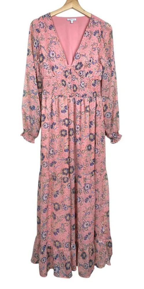 Patrons of Peace Maxi Dress M Floral Pink Boho Smocked Cottagecore Puff Sleeve - Image 1