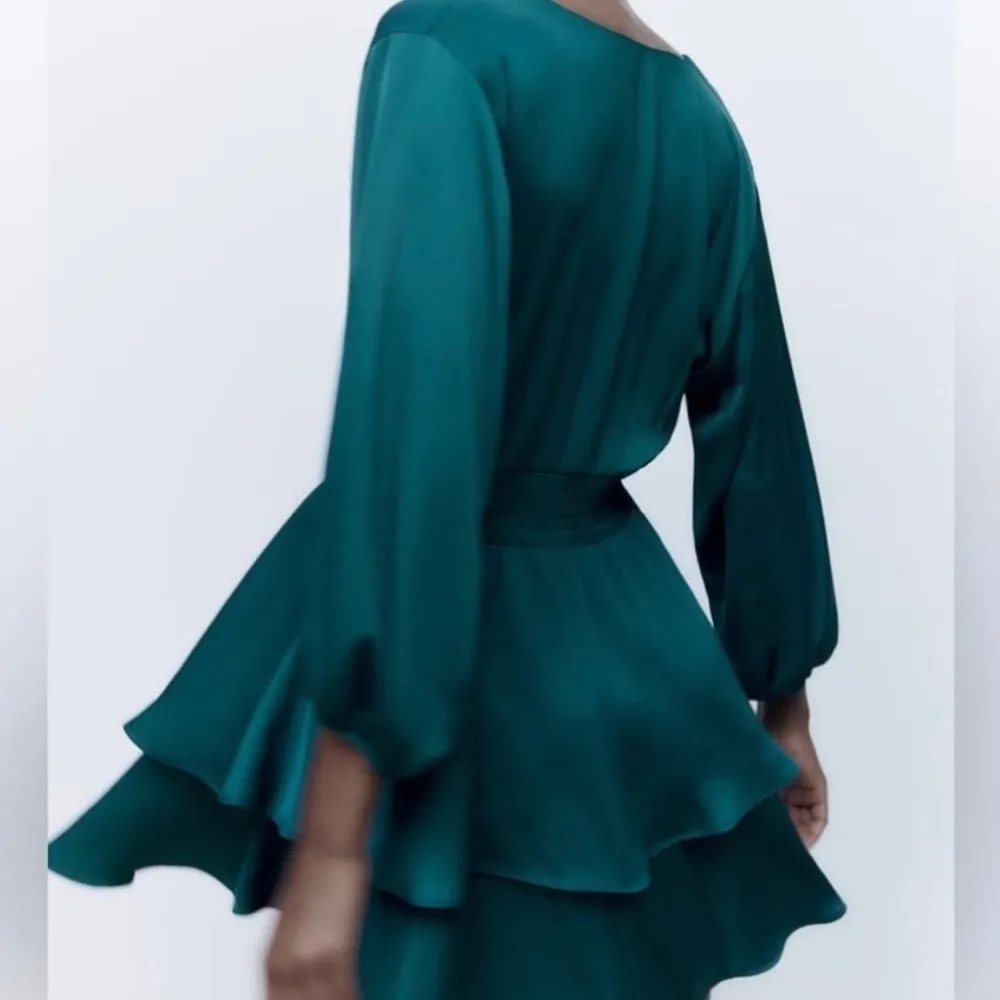 NWT Zara Teal Long Sleeve Satin Mini Dress Elastic Waist Ruffled Hem V-Neck M - Image 3