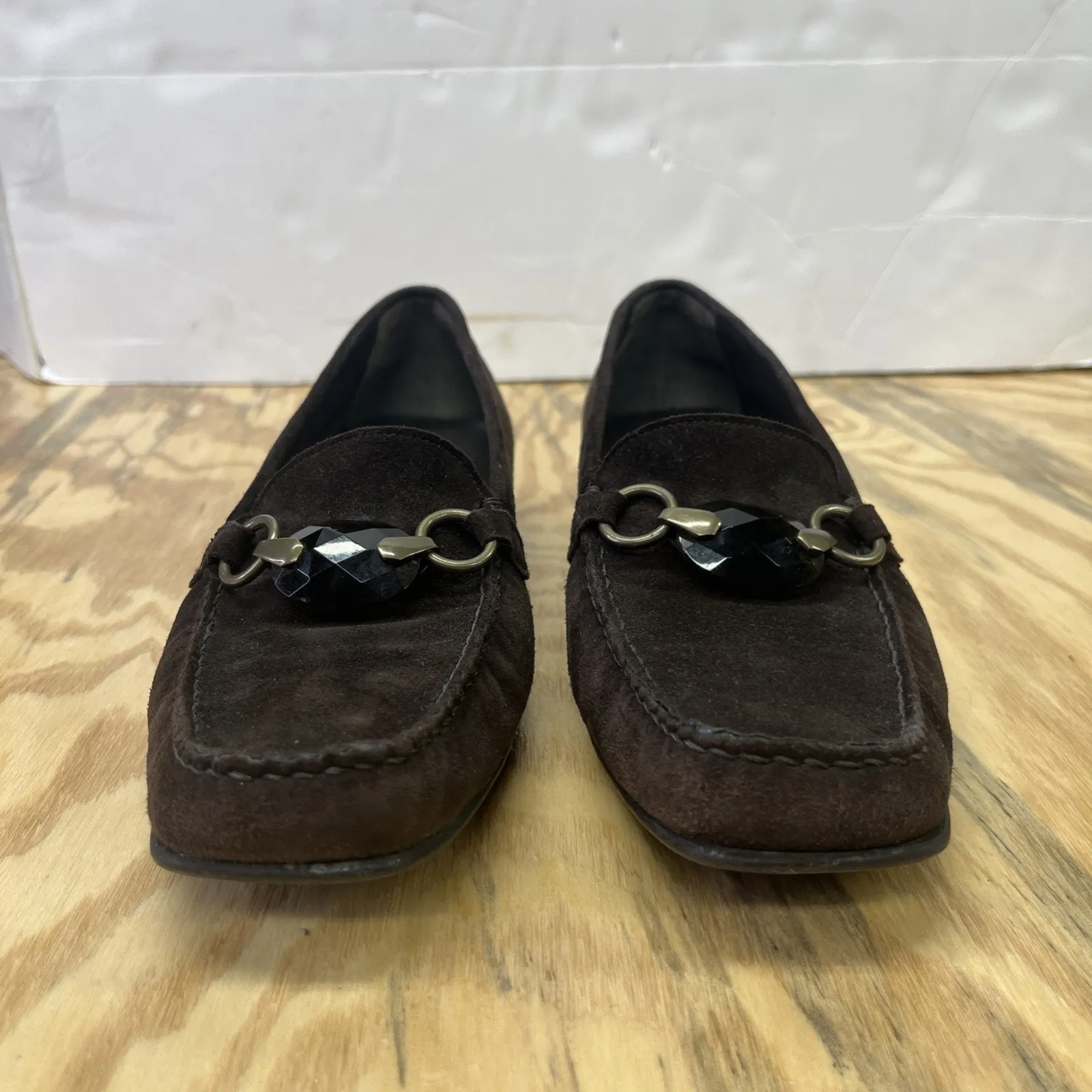 Stuart Weitzman Jeweled Suede Loafer Womens 8.5M Brown Block Heel Career Preppy - Image 4