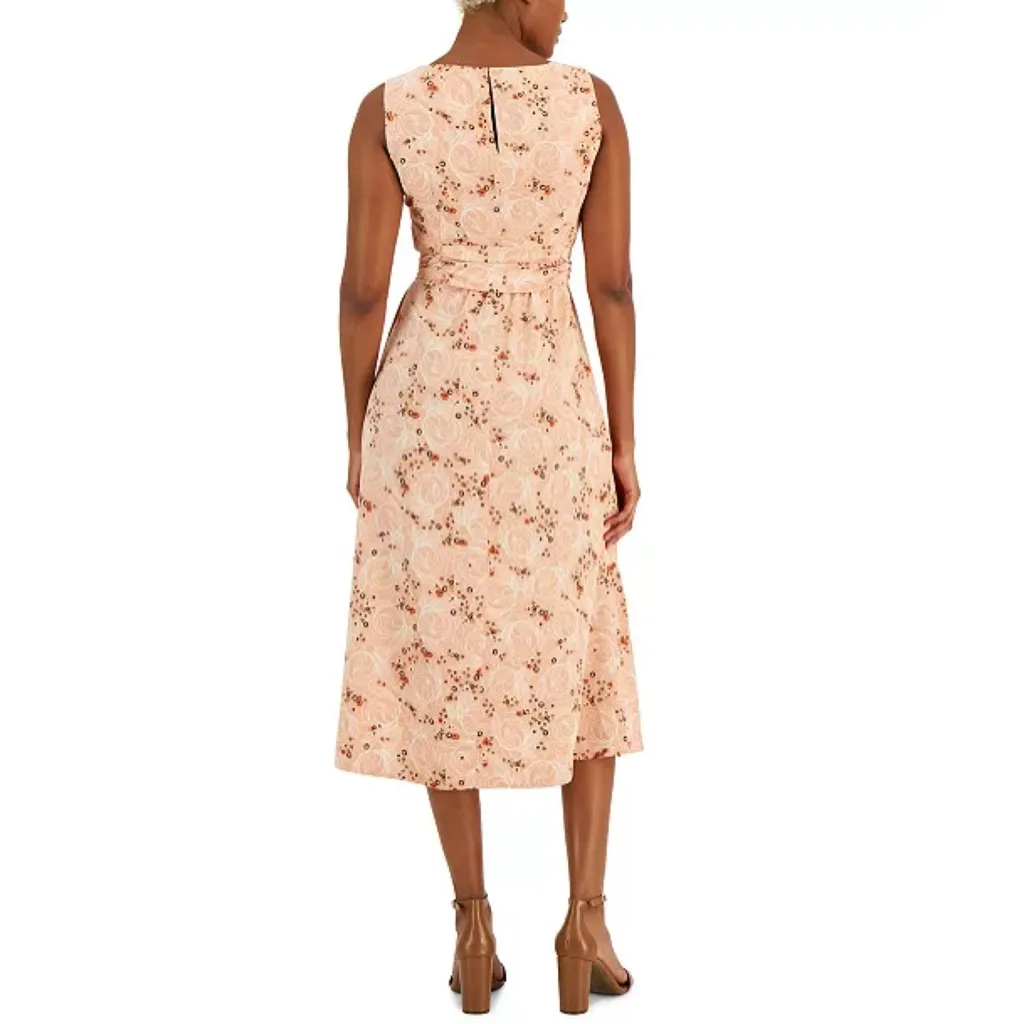 Anne Klein Floral Printed Sash Waist Sleeveless Midi Dress Peach Medium - Image 5