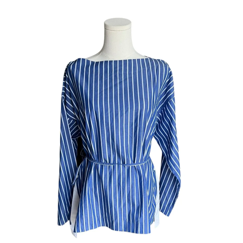 J. Crew - Blue White Striped Boatneck Popover Blouse Top Sz M - Image 5