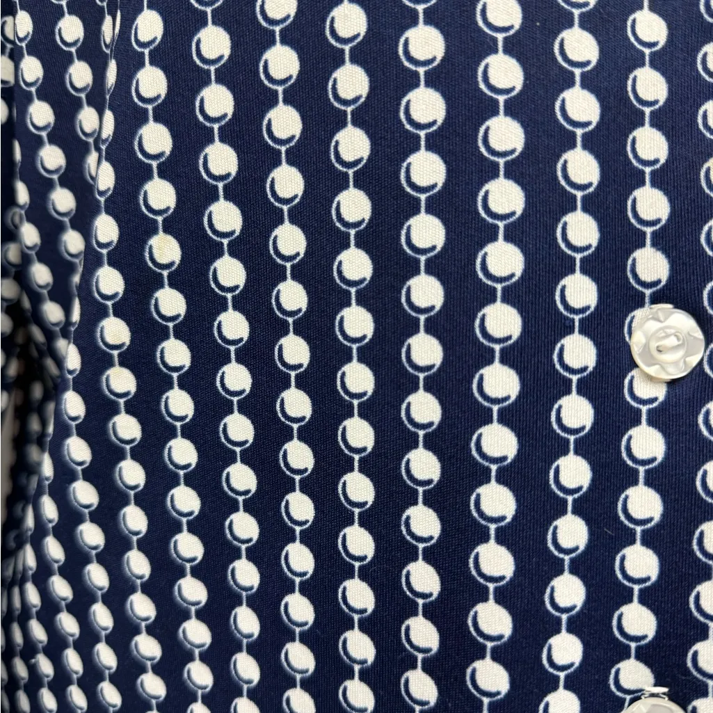 Vintage 1970s Navy & White Disco Dagger Collar Blouse Circles Print Button Front Blue Size L - Image 6