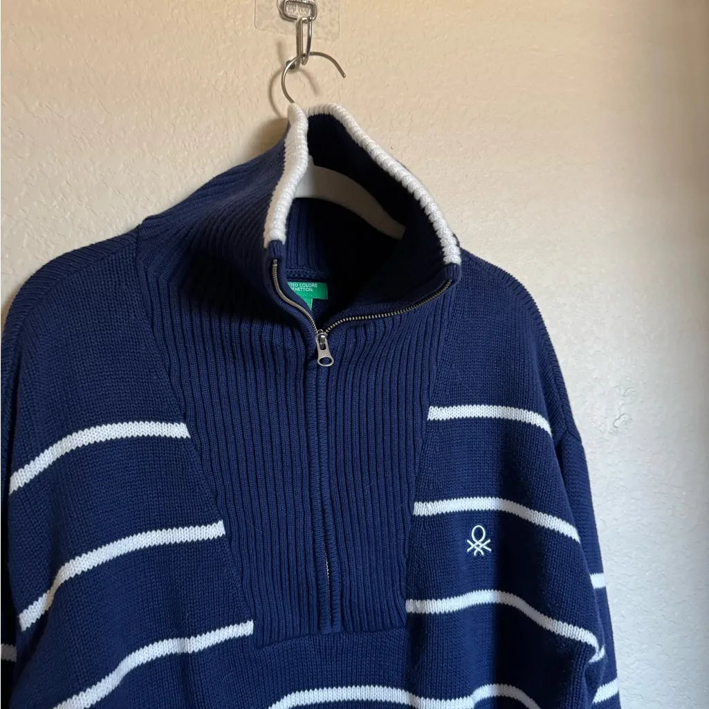 United Colors Of Benetton Striped Quarter-Zip Sweater Size Medium Navy White - Image 3