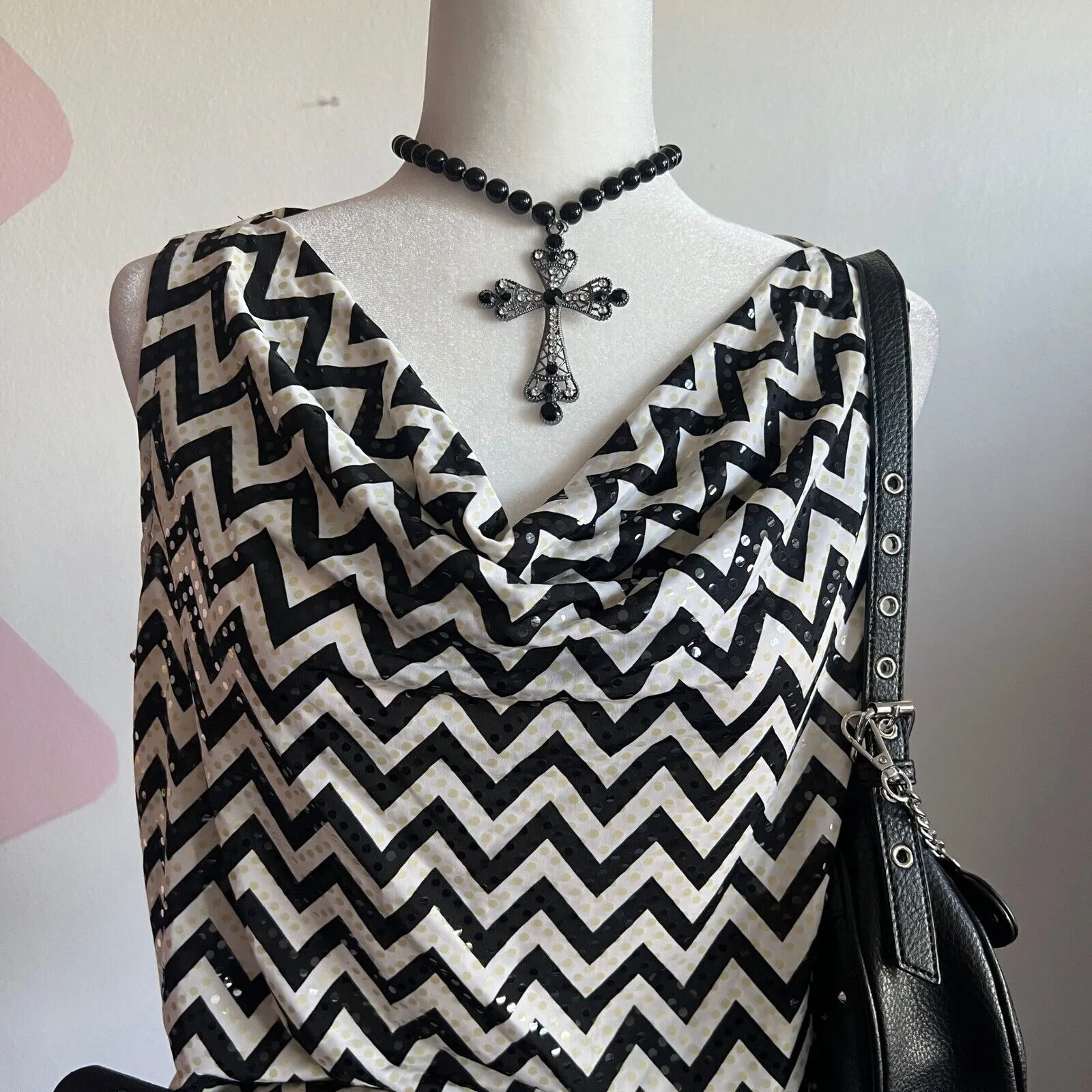 Y2K Black & White Chevron Tank Top, Sequins, Retro Glam, Indie Sleaze, Bold, M‎ Size M - Image 2
