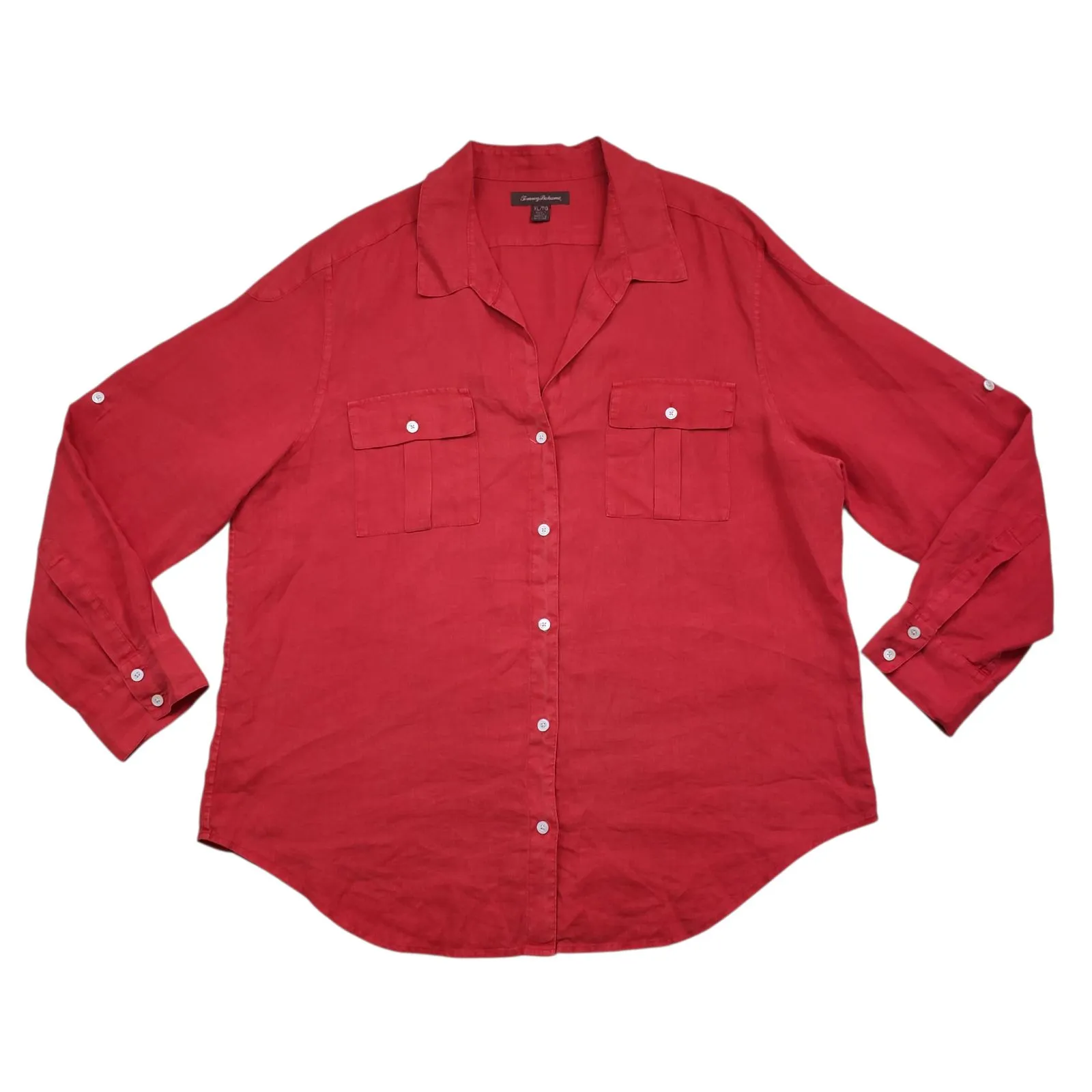 Tommy Bahama Linen Shirt Womens XL Red Long Sleeve Button Up Roll Tab Pcokets - Image 11